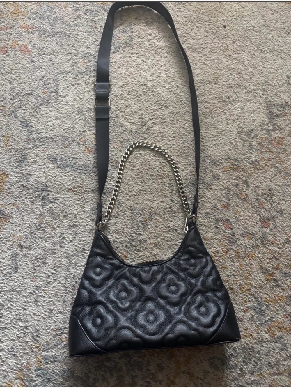 wild fable Black Quilted Floral-Embossed Shoulder Bag with Chain Handle